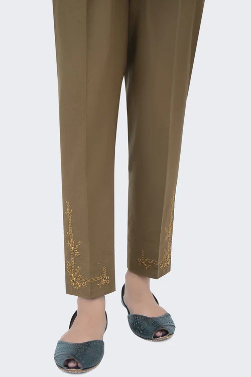 Embroidered Cambric Cigarette Pants - Olive Green
